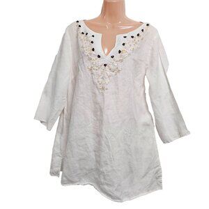 Edward Women Size XL Embroidered Beaded Top Tunic Blouse White Linen